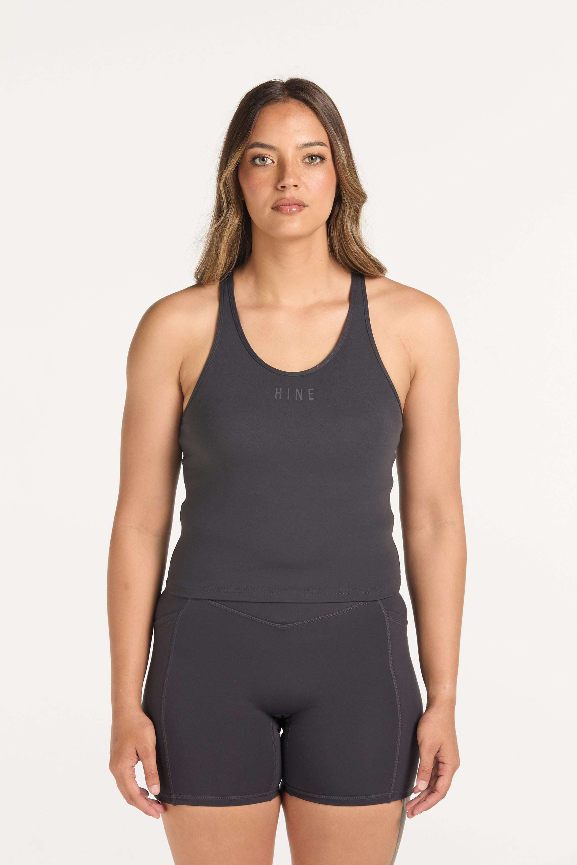 RACERBACK CROP SINGLET W/ IN-BUILT BRA CHARCOAL