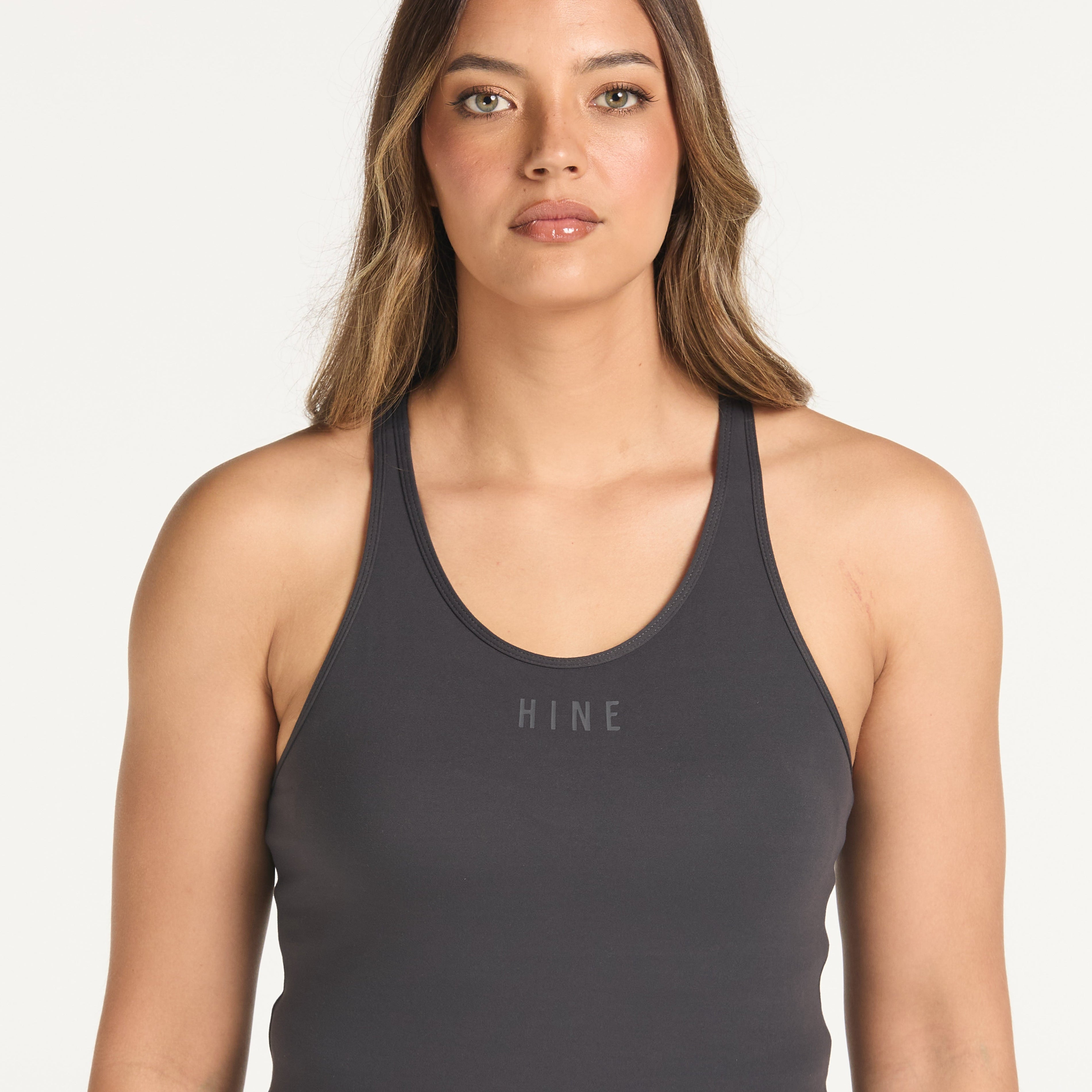 RACERBACK CROP SINGLET W/ IN-BUILT BRA CHARCOAL